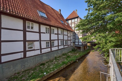 Half-timbered houses on the Salze river in Bad Salzuflen, Lippe district, North Rhine-Westphalia,