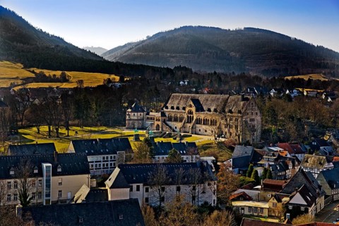 Overview with the Imperial Palace of Goslar at Rammelsberg, UNESCO World Heritage Site, Harz