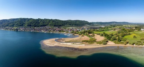 Aerial view, panorama of the mouth of the Stockacher Aach at low water, which flows into Lake