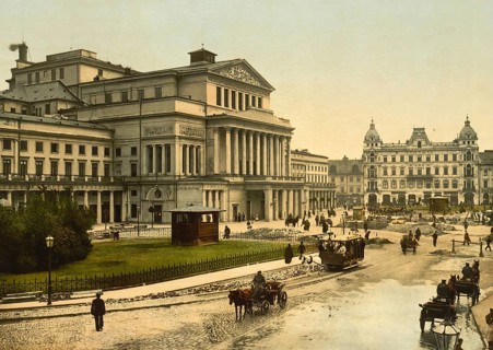 The Theatre in Warsaw, Poland, c. 1890, Historic, digitally enhanced reproduction of a photochrome
