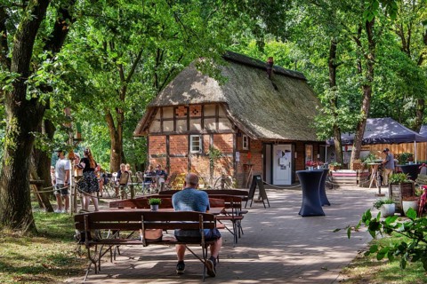 Beer garden of the Cafe-Restaurant Schafstall am Heidegarten, Lüneburg Heath, Lower Saxony, Germany