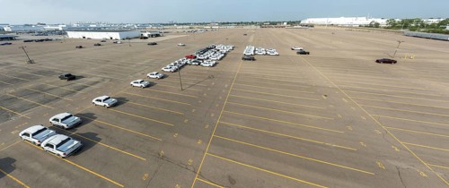 Detroit, Michigan - A mostly empty parking lot at Stellantis' Jefferson North Assembly Plant. After