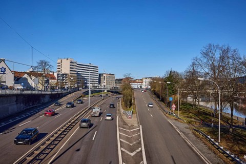 Motorway exit, general architecture, streets, lanterns, vehicles, trees, bird's eye view, blue sky,