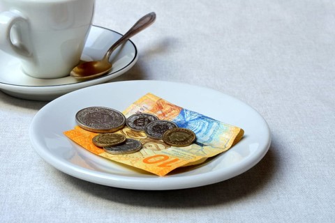 Tip, Swiss coins and Swiss franc note on plate, Switzerland