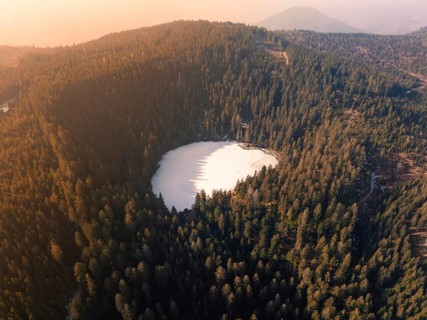 A bird's eye view of a circular lake in the middle of a dense forest area, Glaswaldsee, Bad