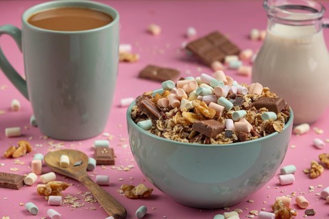Inviting breakfast with muesli, coffee and colourful marshmallows against a pink background