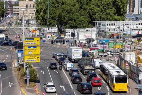 Roadworks traffic obstruction and congestion around the city centre Willy-Brandt-Straße in