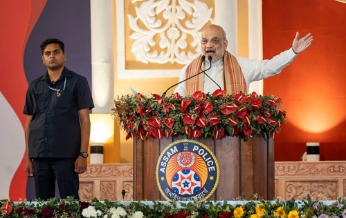 Indian Union Home Minister Amit Shah delivers a speech during the Lachit Barphukan Police Academy