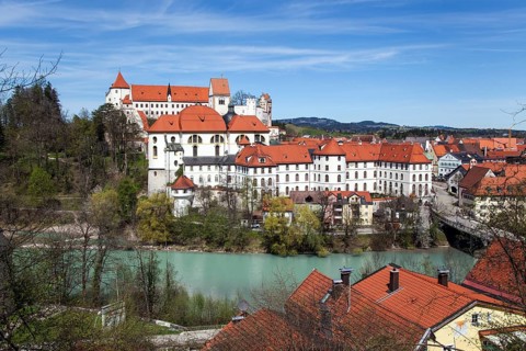 Sankt Mang Monastery, Hohes Schloss and Lech, Füssen, Ostallgäu, Allgäu, Swabia, Bavaria, Germany