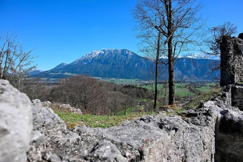 View from the Auerburg ruins near Oberaudorf to the Wilder Kaiser, mountain range in Tyrol, Austria