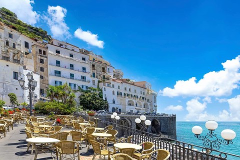 Italy, Amalfi town colorful architecture and Campania Amalfi coast landscapes, UNESCO site