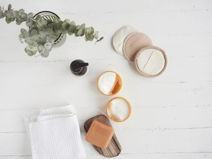Zero waste organic cosmetics concept flat lay composition with Reusable make-up remover discs,