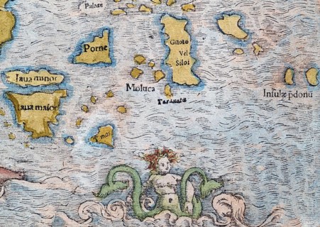 Indonesia, mermaid, detail, hand-coloured woodcut map from Sebastian Münster Cosmographey oder