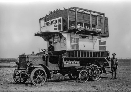 B-type bus converted into mobile pigeon loft, dovecot with carrier pigeons used by British WWI