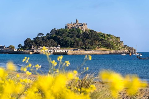 View of St Michaels Mount, from Marazion Beach. Yellow flowers in front. St Michael's Mount,