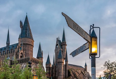 Street signs at corner of Hogsmeade and Hogwarts in front of castle in The Wizarding World of Harry
