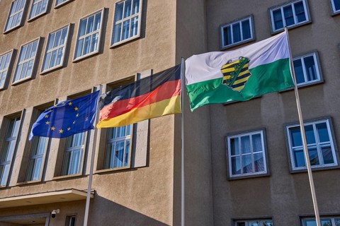 European flag, German flag, flag of Saxony, Saxon state parliament, old building, administration,