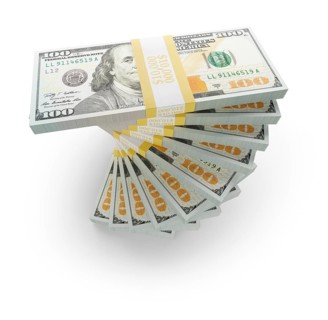 One hundred thousand dollars spiralling stacks of one hundred dollar bills isolated on a white