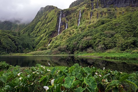 Lagoa dos Patos and waterfalls Poco da Alagoinha, near Faja Grande, island of Flores, Azores,