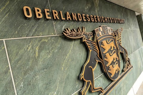 New courtroom building of the Higher Regional Court OLG in Stuttgart-Stammheim, state coat of arms.