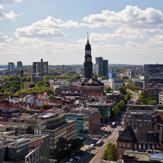City view from above with the main church St Michaelis, called Michel, Hamburg, Germany