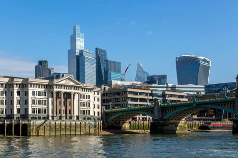 Historic frontage of Vintners Hall, Southwark Bridge, River Thames waterfront, London, England, UK