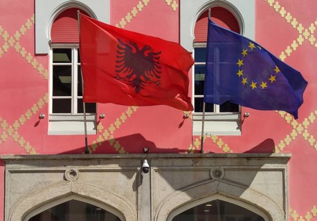 National flag of Albania and European flag, Tirana, Albania