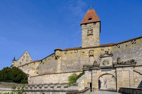 Gate at the moat, with Bulgarenturm, Veste Coburg, Coburg, Upper Franconia, Franconia, Bavaria,