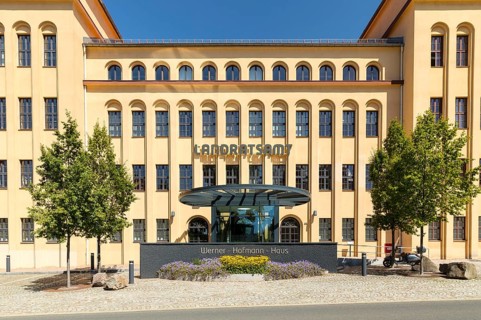 Former porcelain factory, today district administration office, entrance area with lettering