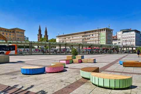 Ludwigshafen, Germany, August 2022: Town square called 'Berliner Platz' with public transportation