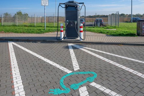 Electric charging station for electric cars at a motorway service area, Bavaria, Germany