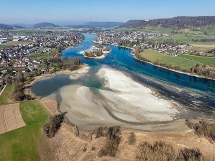 Aerial view of the Werd archipelago in the westernmost part of Lake Constance at low tide, between