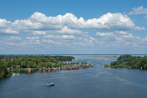 View from the tower of St Mary's Church, Müritz, lake, boats, boathouses, holiday homes, Röbel,