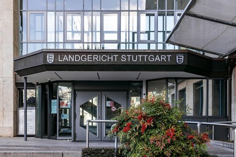 Stuttgart District Court, exterior view with lettering and state coat of arms. Stuttgart,