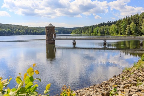 Water extraction tower at the Cranzahl dam, Erzgebirge, Saxony, Germany