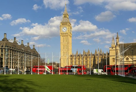 Big Ben, Houses of Parliament, Westminster, London, England, UK from Parliament Square Garden red