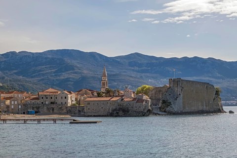 View of the old town centre of Budva, Montenegro, Budva, Balkans
