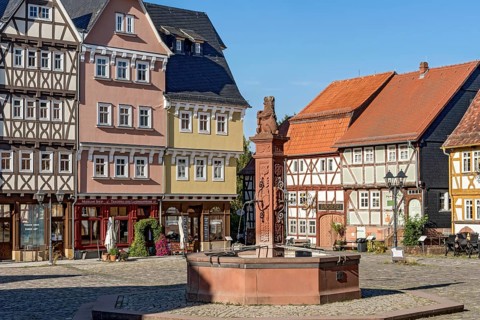 Market fountain, reconstructed houses from Giessen, Giessener Zeile, Nordzeile, historic