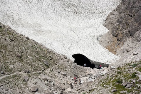 Ice chapel, year-round snowfield below the Watzmann east face, Schönau, Königssee, Berchtesgaden