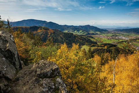 View of the Dreisamtal and Freiburg from the Frauensteigfelsen, Kirchzarten, Freiburg im Breisgau,