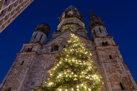 Illuminated Christmas tree in front of the Kaiser Wilhelm Memorial Church, Blue Hour,