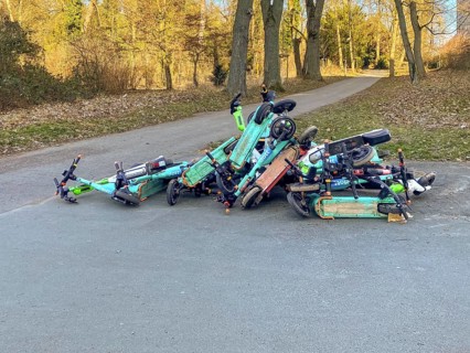 Electric scooters, overturned and stacked on top of each other, vandalism, Westend-Nord, Frankfurt
