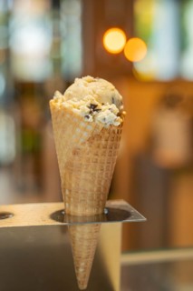 Close-up of a vanilla ice cream with chocolate chips in a waffle, bokeh background, autumn