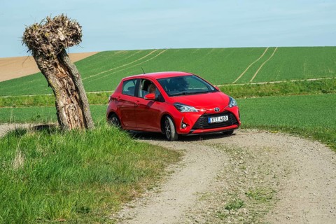 Small country road with red Toyota Yaris automobile and a willow tree in Skivarp, Skurup
