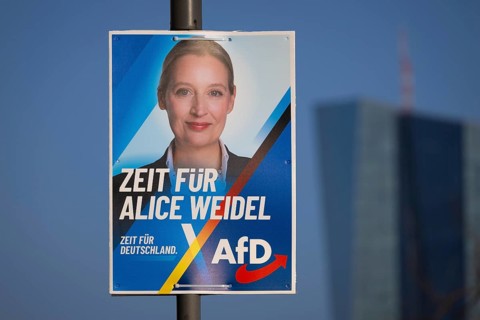 An election poster of AfD top candidate Alice Weidel hangs in Frankfurt am Main near the European