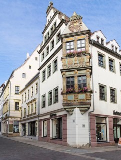 Beautiful Renaissance-style bay window on the historic town house at Burgstraße 5, Freiberg,