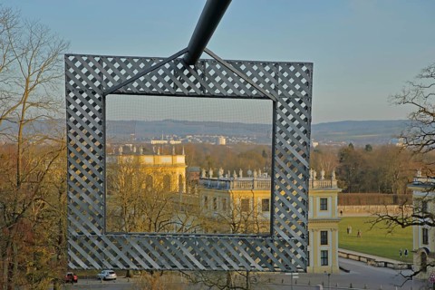 Art installation frame construction by Haus-Rucker-Co 1977 documenta 6, with view of orangery,