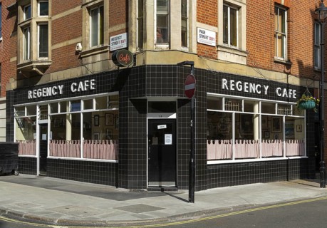Regency cafe, Regency Street and Page Street corner, London SW1, England, UK established 1946