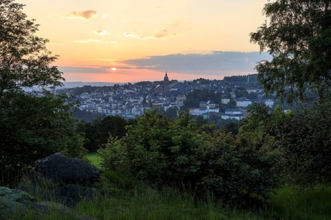 View of the sunrise over Annaberg-Buchholz, Erzgebirge, Saxony, Germany from the Teufelskanzel