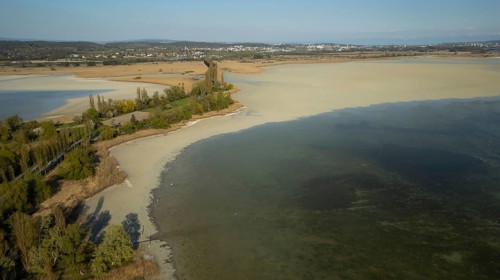 Extremely low water on the island of Reichenau in Lake Constance April 2025 with a view of the Alps